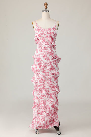 Blush Floral Sheath Spaghetti Straps Ruffled Long Bridesmaid Dress with Slit